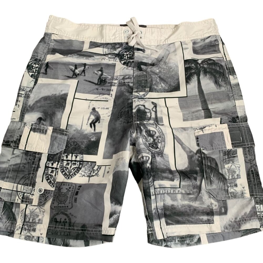 Vintage 90s US Apparel Board Shorts Swim Trunks M White Grey Drawstring Pockets